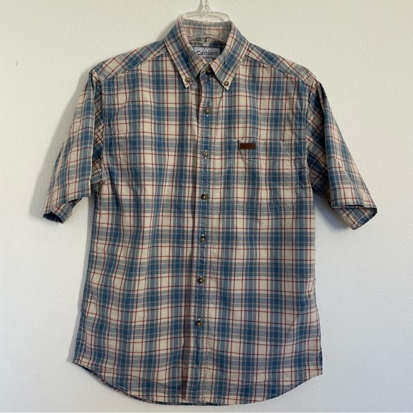 Carhartt shirt Men's S plaid collar Button down pocketed, Logo .100% Cotton - Picture 1 of 11
